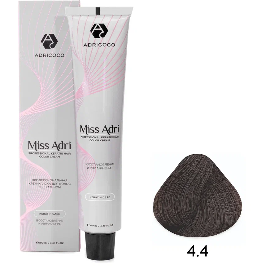ADRICOCO, К/к для волос Miss Adri оттенок 4.4 Коричневый медный 100 мл арт 1637336